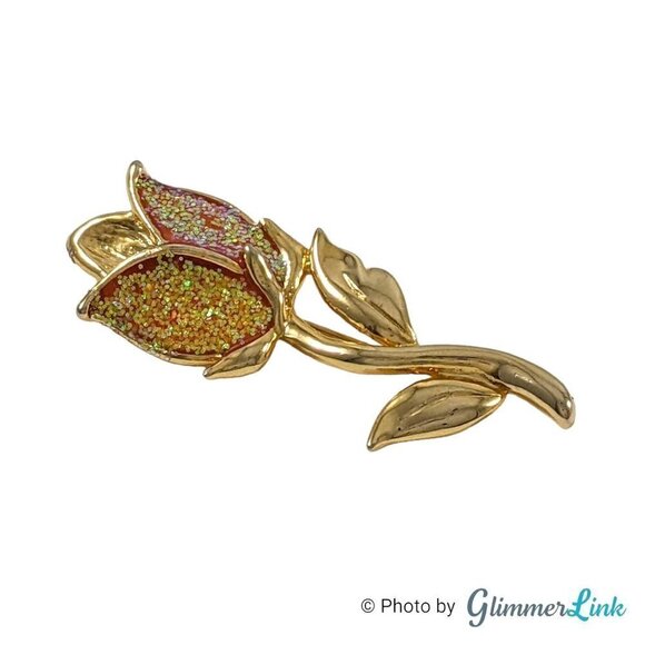 Vintage Glitter Enamel Tulip Flower Gold Tone Brooch - Picture 3 of 6